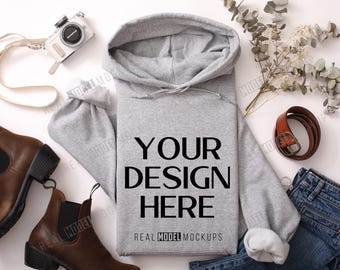 Sport Grey Gildan 18500 Hoodie Flat Lay Mockup | G18500 sweatshirt Mock up Boho Casual Flat-lay shirt Mock ups, POD Flatlay Mocks Model Mock