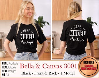 Bella Canvas 3001 Mock WHITE 2 OBRAZ 1 Model T-Shirt - Prawdziwe makiety koszul BC3001 | Casual Summer Beach Boho Style | POD Mockup bulk
