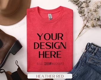 Gildan 5000 Flat Lay Mockup - Heather Red | Tshirt Mock up, Casual Boho Flat-lay G5000 shirt Mock ups, POD Flatlay Mocks Real Model Mock