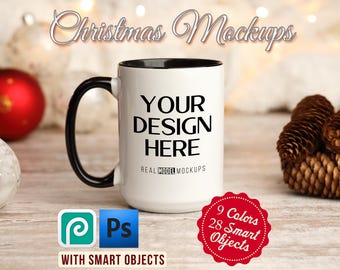 Mug Mockup Smart Object Christmas Bundle Mockups | Xmas 15oz 11oz two tone accent Coffee mug | Photoshop Canva template mock POD sublimation