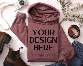 Heather Sport Dark Maroon 18500 Hoodie Flat Lay Mockup | Tshirt Mock up, Casual Flat-lay shirt Mock ups, POD Flatlay Mocks Real Model Mock