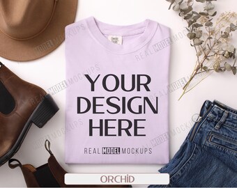 Comfort Colors 1717 Mockup: Orchidea Flat Lay T-shirt Mock Up