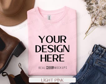 Gildan 5000 Flat Lay Mockup - Light Pink | Tshirt Mock up, Casual Boho Flat-lay G5000 shirt Mock ups, POD Flatlay Mocks Real Model Mock