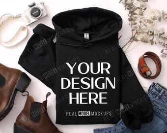 Black Gildan 18500 Hoodie Flat Lay Mockup | G18500 Tshirt Mock up, Casual Boho Flat-lay shirt Mock ups, POD Flatlay Mocks Real Model Mock