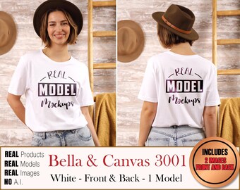 Bella Canvas 3001 Real Model WHITE 2 IMAGE 1 Model T-Shirt  -  Real shirt mockups BC3001  | Casual Summer Beach Boho Style | POD Mockup bulk