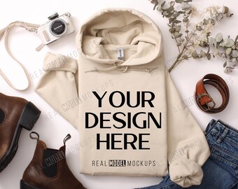 Natural Gildan 18500 Hoodie Flat Lay Mockup: Boho Sweatshirt Mock