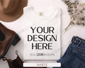 Comfort Colors 1717 White T-shirt Mockup: Boho Flatlay (JPG)