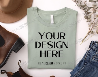 Sage Bella + Canvas 3001 Flat Lay Mockup | Tshirt Mock up, Casual Boho Flat-lay shirt Mock ups, POD Flatlay Mocks Real Model Mock