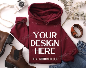 Maroon Gildan 18500 Hoodie Flat Lay Mockup | G18500 sweatshirt Mock up, Boho Casual Flat-lay shirt Mock ups, POD Flatlay Mocks Model Mock