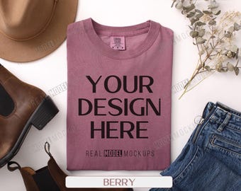 Comfort Colors 1717 Berry T-shirt Flat Lay Mockup