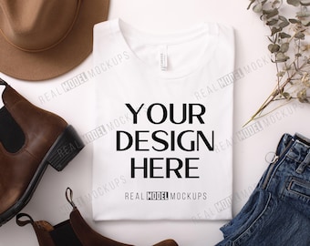 White Bella + Canvas 3001 Flat Lay Mockup | Tshirt Mock up, Casual Boho Flat-lay shirt Mock ups, POD Flatlay Mocks Real Model Mock