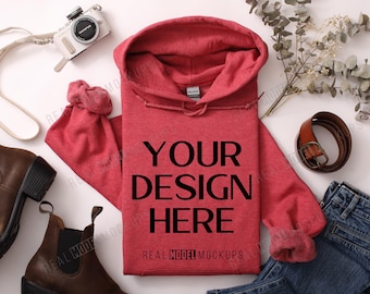 Heather Red Gildan 18500 Hoodie Flat Lay Mockup | Tshirt Mock up, Casual Boho Flat-lay shirt Mock ups, POD Flatlay Mocks Real Model Mock