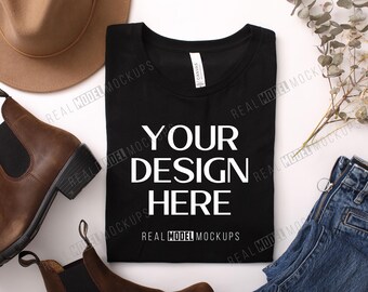 Black Bella + Canvas 3001 Flat Lay Mockup | Tshirt Mock up, Casual Boho Flat-lay shirt Mock ups, POD Flatlay Mocks Real Model Mock