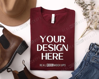 Maroon Bella + Canvas 3001 Flat Lay Mockup | Tshirt Mock up, Casual Boho Flat-lay shirt Mock ups, POD Flatlay Mocks Real Model Mock