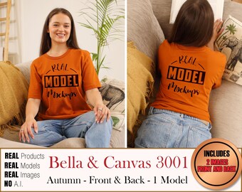Bella Canvas 3001 Real Model Autumn 2 OBRAZ 1 Model T-Shirt - Damski mockup BC3001 | Casual Summer Beach Boho Style | POD Mockup bulk