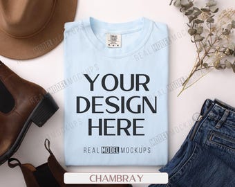 Comfort Colors 1717 T-shirt Mockup: Chambray Flat Lay