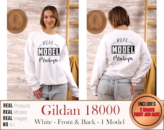 Gildan 18000 Real Model White 2-IMAGE 1 Model Crewneck - makiety koszul Gildan18000 | Casual Summer Beach Boho Style | POD Mockup bulk
