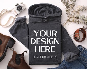 Dark Heather Gildan 18500 Hoodie Flat Lay Mockup | Tshirt Mock up, Casual Boho Flat-lay shirt Mock ups, POD Flatlay Mocks Real Model Mock