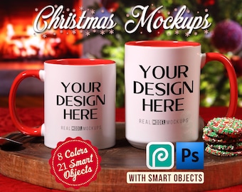 Mug Mockup Smart Object Christmas Bundle | Xmas 15oz 11oz two tone accent Coffee mug | PSD Photoshop Canva template mock POD mug sublimation