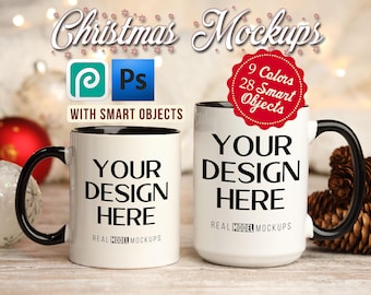 Mug Mockup Smart Object Christmas Bundle | Xmas 15oz 11oz two tone accent Coffee mug | PSD Photoshop Canva template mock POD mug sublimation