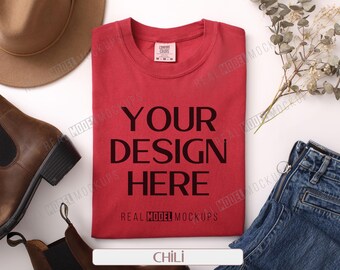 Comfort Colors 1717 Mockup: Chili T-shirt Flat Lay (JPG)