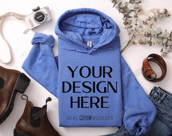 Heather Blue Gildan 18500 Hoodie Flat Lay Mockup | Tshirt Mock up, Casual Boho Flat-lay shirt Mock ups, POD Flatlay Mocks Real Model Mock