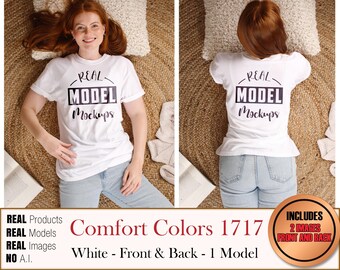 Comfort Colors 1717 Real Model White 2-IMAGE 1 Model t-shirt - makiety koszulek CC1717 | Casual Summer Beach Boho Style | POD Mockup bulk