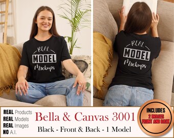 Bella Canvas 3001 Real Model Black 2 OBRAZ 1 Model T-Shirt - Damski mockup BC3001 | Casual Summer Beach Boho Style | POD Mockup bulk