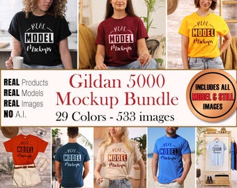 Gildan 5000 Real Model Mega Mockup T-Shirt Bundle - Prawdziwe makiety koszulek Gildan5000 | Swobodny letni styl plażowy boho | POD Mockup hurtowo