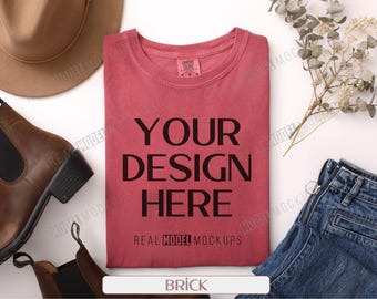 Comfort Colors 1717 T-Shirt Mockup: Brick Boho Flatlay (JPG)