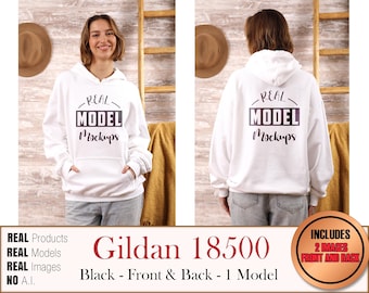 Gildan 18500 Real Model White 2-IMAGE 1 Model Hoodie - makiety koszul Gildan18500 | Casual Summer Beach Boho Style | POD Mockup bulk