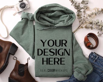 Heather Dark Green Gildan 18500 Hoodie Flat Lay Mockup | Tshirt Mock up, Casual Flat-lay shirt Mock ups, POD Flatlay Mocks Real Model Mock
