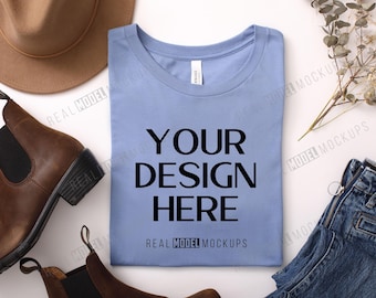 Lavender Blue Bella + Canvas 3001 Flat Lay Mockup | Tshirt Mock up, Casual Boho Flat-lay shirt Mock ups, POD Flatlay Mocks Real Model Mock