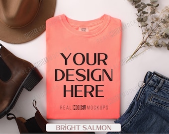 Comfort Colors 1717 Mockup: Bright Salmon Flat Lay (JPG)