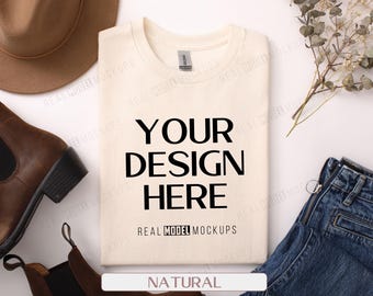 Gildan 5000 Flat Lay Mockup - Natural | Tshirt Mock up, Casual Boho Flat-lay G5000 shirt Mock ups, POD Flatlay Mocks Real Model Mock