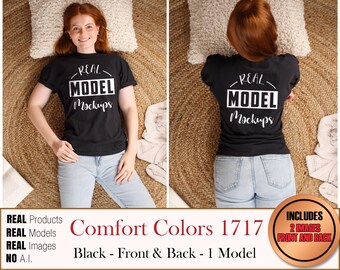 Comfort Colors 1717 Real Model Black 2-IMAGE 1 Model t-shirt - makiety koszulek CC1717 | Casual Summer Beach Boho Style | POD Mockup bulk