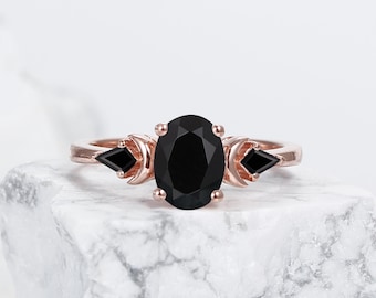 Elegant Black Onyx Engagement Ring, Rose Gold Crescent Moon Promise Ring, Unique Vintage Style Wedding Band, Anniversary Gift for Her