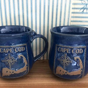 Vintage Set 2 Cape Cod Pottery Mugs | Handmade | Coastal Nautical Gift | Blue Stoneware | Cape Cod Souvenir