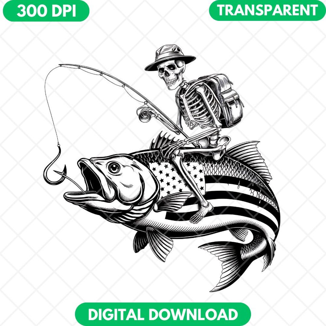 Skeleton Riding Fish PNG, American Flag Design, Detailed Illustration ...
