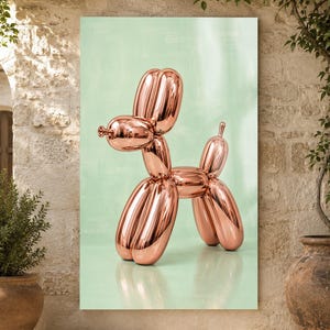May include: A metallic rose gold sculpture shaped like a balloon dog. The figure features a smooth, reflective surface with rounded, elongated segments forming the head, ears, body, legs, and a small tail, set against a solid light green background.