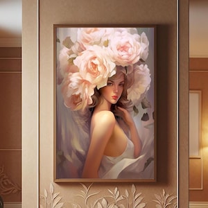 Flower Head Tempered Glass Wall Art, Roses Around Woman Glass Printing Wall Decor Art, Beauty of Woman Glass Wall Art Hanging, Ready to Hang