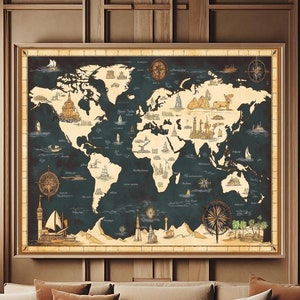 Retro Ilustrowana Mapa Świata, Sztuka Ścienna Ze Szkła Hartowanego, Duża Sztuka Ścienna Ze Szkła, Dekoracja Biura, Prezent Na Parapetówkę, Dekoracja Ścienna Do Domu, Zawieszki Ścienne