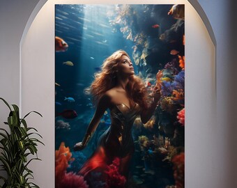 Meerjungfrau gehärtetes Glas Wandkunst, Meerjungfrau Wandkunst, Glasdruck, Meerjungfrau Wandbehang, Meerjungfrau gerahmt Kunst, Meerjungfrau in Meerglas Wandkunst