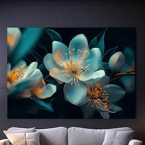May include: A large canvas print featuring a close-up of delicate white flowers with yellow centers, set against a dark teal background.