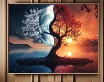 Yin and Yang balance in the Tree of Life Tempered glass wall art-Glass printing art-ying yang wall art-yin yang decor-japanese wall art