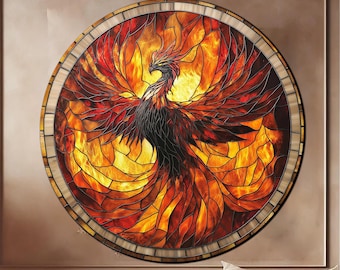 Round Phoenix UV Print Tempered Glass Wall Art Large Circle Stained Glass Style Home Decor
