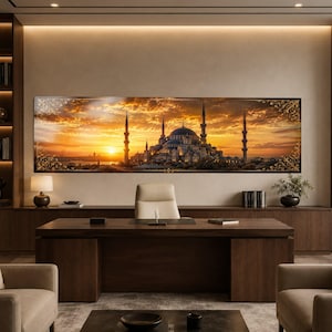 Sunset Mosque Skyline Panoramic Tempered Glass Wall Art, Warm Amber Glass Print, Mosque Silhouette Wall Artwork, Minaret Glass Artwork