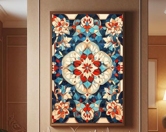 May include: A framed print of a colourful geometric pattern with blue, red and white colours. The pattern is reminiscent of a traditional Islamic design.
