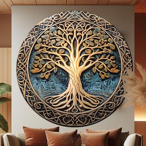 May include: A circular wall decor featuring a gold tree of life with intricate roots and branches, surrounded by a blue and gold Celtic knot design.