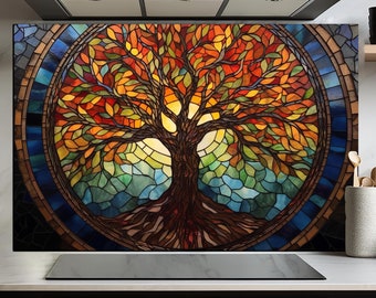 Árvore da vida, azulejos de impressão de vidro temperado, backsplash de mandala para backsplash de cozinha, capa traseira de fogão, arte de azulejo de backsplash de mandala